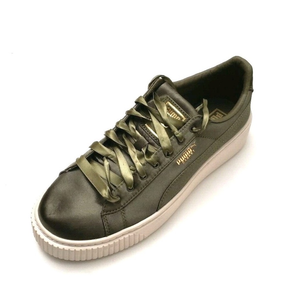 Puma Basket Platform Fashion Sneaker Shoes‎ Satin Green Size 9.5 Cottage Dressy